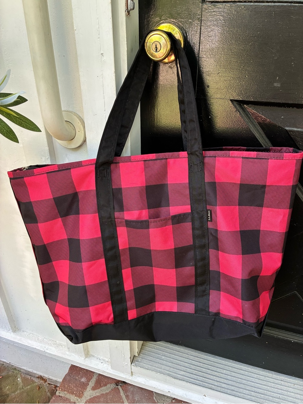 L.L. Bean Red and Black Buffalo Check Tote Bag with Black Straps.